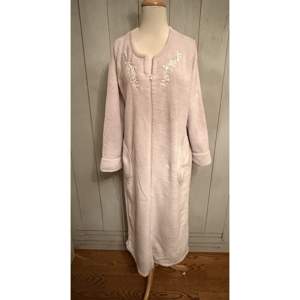 Miss Elaine Large Pink Soft Full Zip Robe House Coat Embroidered‎ Flowers Sz-XL